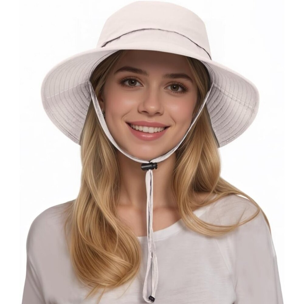 Unisex Beige 100% Nylon Wide Brim Uv Protection With Chin Strap Hunting Sun Hat